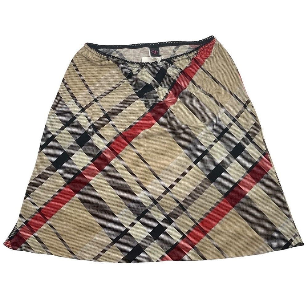 Wrapper Women Skirt A-Line Tan Plaid Mesh Vintage 1990s Large